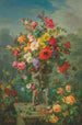 Roses coquelicots roses trémières pensées et glycine dans une urne en pierre soutenue par des putti sur un socle - Marius Vasselon — vista dell’opera