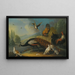 Natura morta con un pavone, delle colombe e delle galline in un paesaggio fluviale - Marmaduke Cradock — quadro incorniciato alla parete