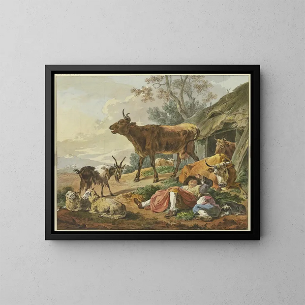 A destra, una stalla da cui escono due mucche, davanti a due pastori addormentati con il loro cane e una capra. - Marquard Wocher — quadro incorniciato alla parete