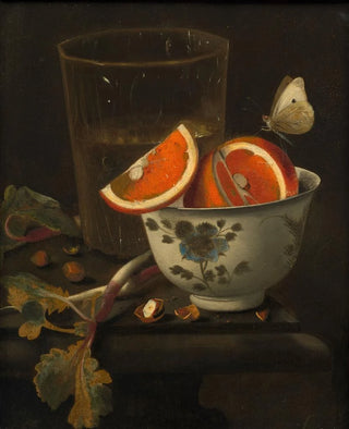 Martinus Nellius - Orange in a porcelain bowl and chestnuts on an entablature.webp