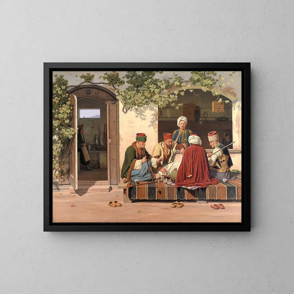 Una partita a scacchi davanti a un caffè turco e a un salone di parrucchiere - Martinus Rørbye — quadro incorniciato alla parete