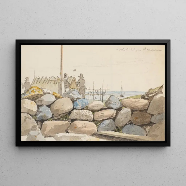 Paesaggio costiero con grandi scogli in primo piano - Martinus Rørbye — quadro incorniciato alla parete