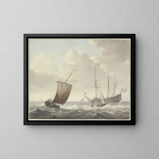 Martinus Schouman - Bewegte See mit Schiffen gelbe Flagge mit goldenem Lwen.webp