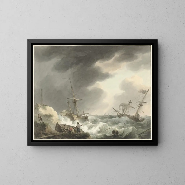 Affondamento di due navi, di cui una sotto bandiera americana, su una costa di dune - Martinus Schouman — quadro incorniciato alla parete