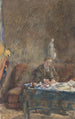 Interno con uomo che scrive su un divano dietro un tavolo - Martinus van Andringa — vista dell’opera