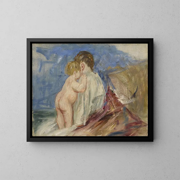 Madre seduta con un bambino in piedi accanto a lei in un paesaggio - Mary Cassatt — quadro incorniciato alla parete