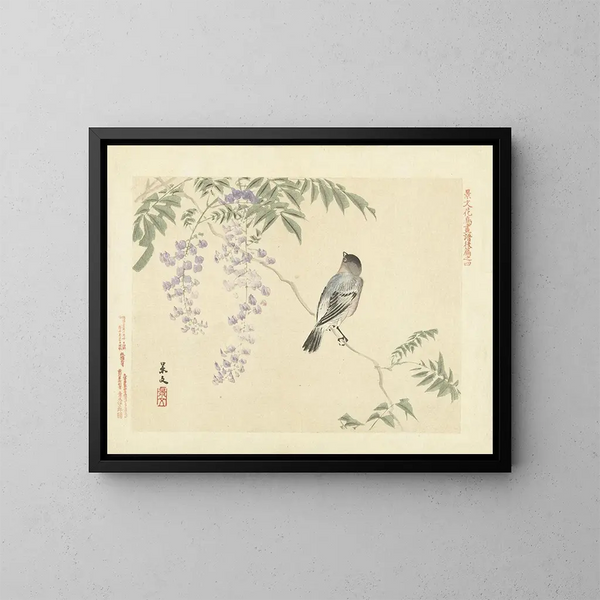 Wisteria giapponese e cardellino eurasiatico - Matsumura Keibun — quadro incorniciato alla parete