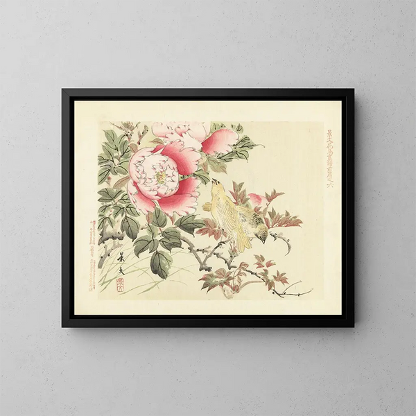 Peonia arborea e canarino - Matsumura Keibun — quadro incorniciato alla parete