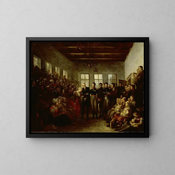 Il principe d'Orange che visita le vittime delle inondazioni all'orfanotrofio degli assistenti spirituali di Amsterdam il 14 febbraio 1825 - Mattheus Ignatius van Bree — quadro incorniciato alla parete