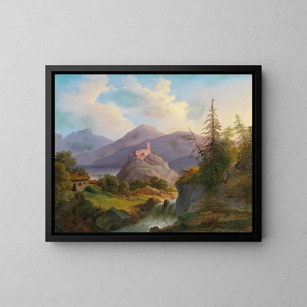 Paesaggio con torrente di montagna e castello in lontananza - Matthias Rudolf Toma — quadro incorniciato alla parete