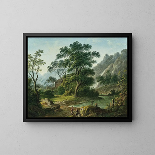 Viaggiatori che si riposano vicino a un lago di montagna - Matthias Rudolf Toma — quadro incorniciato alla parete