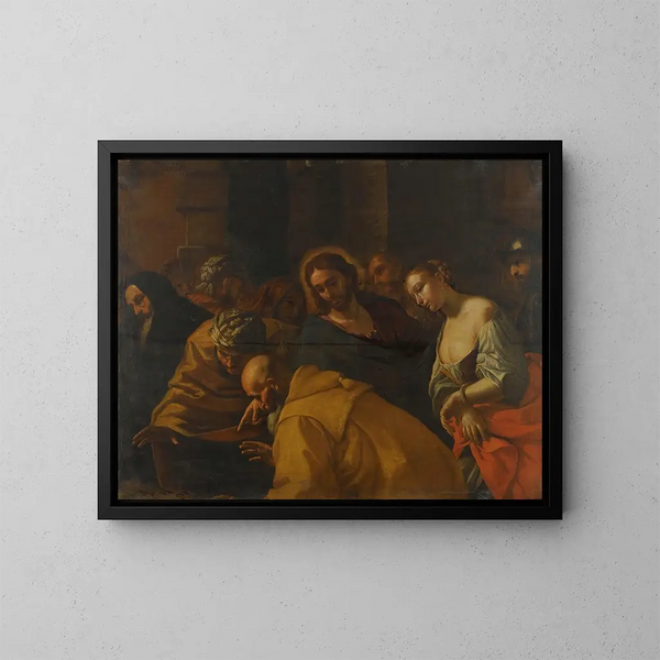 Il Cristo e la donna adultera - Mattia Preti — quadro incorniciato alla parete