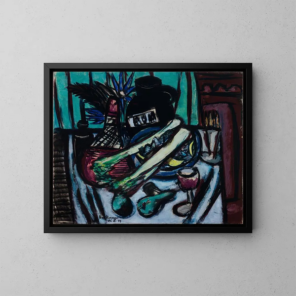 Nature morte con bottiglia di Chianti e sedano - Max Beckmann — quadro incorniciato alla parete
