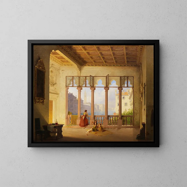 Interno veneziano con vista sul Campanile e sul Palazzo Ducale - Max Emanuel Ainmiller — quadro incorniciato alla parete