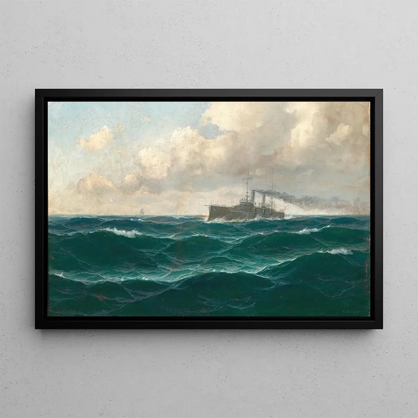 Paesaggio marino con incrociatore - Max Jensen — quadro incorniciato alla parete
