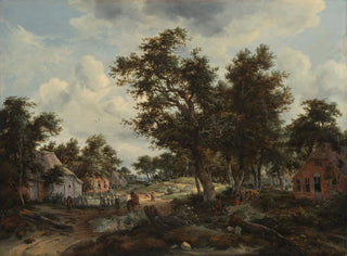 Un paesaggio boscoso con viaggiatori su un sentiero attraverso un villaggio - Meindert Hobbema — vista dell’opera