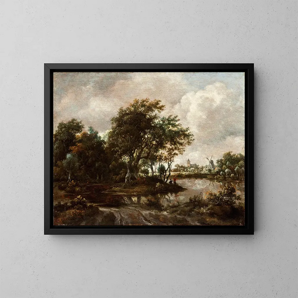 Paesaggio con pescatori e una città lontana - Meindert Hobbema — quadro incorniciato alla parete