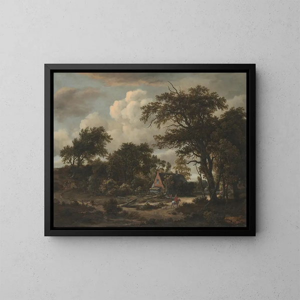 paesaggio boscoso con cottage e cavaliere - Meindert Hobbema — quadro incorniciato alla parete