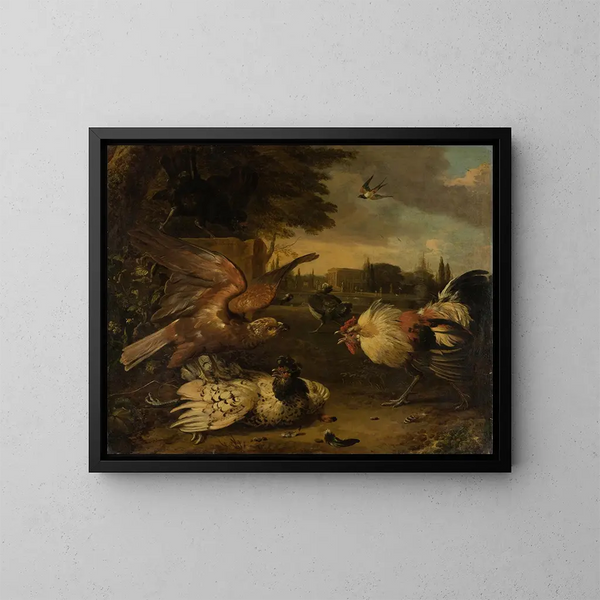 Un gallo difende una gallina contro un uccello rapace attaccante - Melchior d'Hondecoeter — quadro incorniciato alla parete