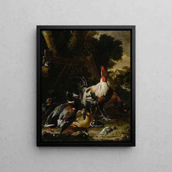 Melchior dHondecoeter - Ducks hens and other fowl in a yard.webp