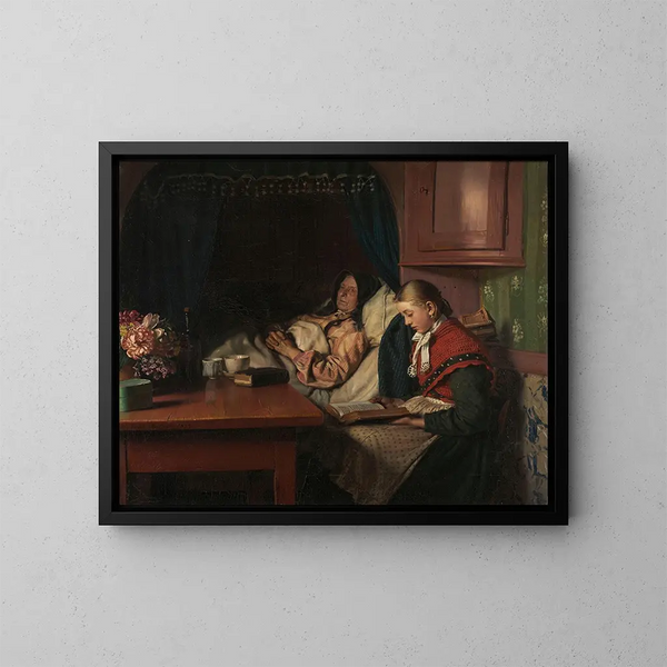 Accanto al letto della nonna - Michael Ancher — quadro incorniciato alla parete