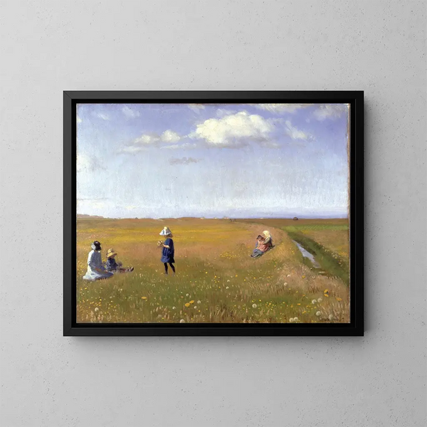 Bambini e giovani ragazze che raccolgono fiori in un campo a nord di Skagen - Michael Ancher — quadro incorniciato alla parete
