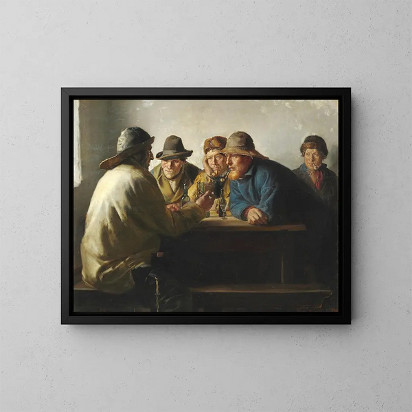 Dei pescatori intorno a un tavolo che bevono un bicchiere dopo il lavoro - Michael Ancher — quadro incorniciato alla parete