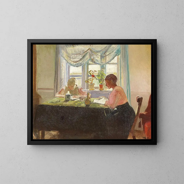 Lettura della luce attraverso la finestra - Michael Ancher — quadro incorniciato alla parete