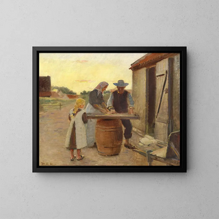 Famiglia di pescatori impegnata - Michael Ancher — quadro incorniciato alla parete