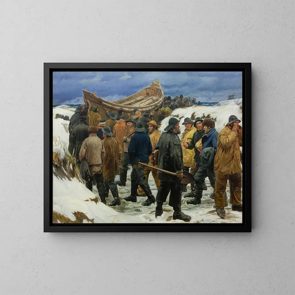 Il canotto di salvataggio viene trasportato attraverso le dune - Michael Ancher — quadro incorniciato alla parete