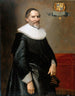 Ritratto di François van Aerssen – Michiel van Mierevelt — diplomatico in abito nero con gorgiera bianca e stemma in alto a destra