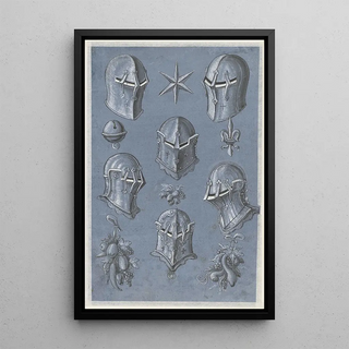 Monogrammist TA - Blad met zes helmen een ster een heraldieke lelie een bel en drie vruchtentrossen.webp