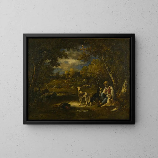 Ragazzo con i suoi cani in un bosco - Narcisse Virgile Diaz de la Peña — quadro incorniciato alla parete