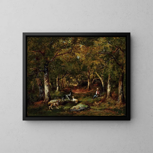 Bambino e cani da caccia in forte - Narcisse Virgile Diaz de la Peña — quadro incorniciato alla parete