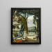 Natura morta con fiori di pavone, frutta e un vaso giapponese, un ampio paesaggio di parco oltre - Narcisse Virgile Diaz de la Peña — quadro incorniciato alla parete