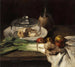 Nature morte con un mazzo di porri, una campana di formaggio e delle mele - Carl Schuch — vista dell’opera