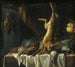 Natura morta con un leprotto morto, un'anatra, un fagiano e pollame su un tavolo coperto con un panno bianco, con un cesto di frutta - Pieter van Boucle — vista dell’opera