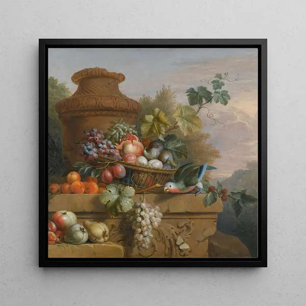 Quadro Natura morta con un cesto di frutta, un pappagallo e un'urna su un davanzale di pietra scolpita - Seguace di Jakob Bogdny | Stampa d'arte