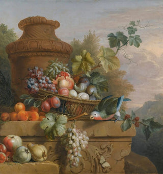 Natura morta con un cesto di frutta, un pappagallo e un'urna su un davanzale di pietra scolpita - Seguace di Jakob Bogdny