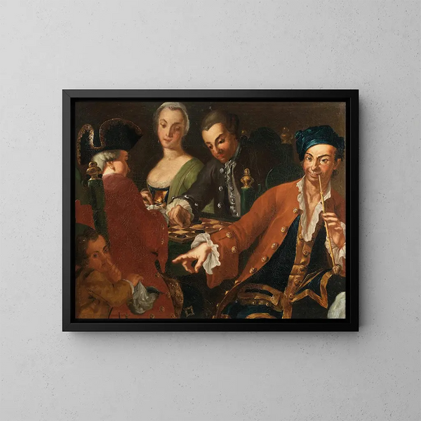 Due gentiluomini e una dama che giocano a scacchi mentre vengono derubati - Scuola napoletana — quadro incorniciato alla parete