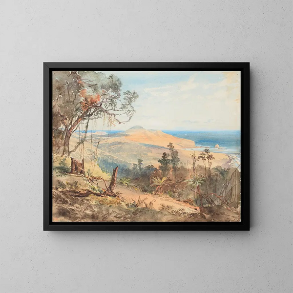 Baia di Sandfly e scoglio delle gabbianelle vicino a Dunedin - Nicholas Chevalier — quadro incorniciato alla parete