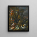 Nature morte all'aperto con uccelli accanto a una fontana scolpita ornata - Nicola Casissa — quadro incorniciato alla parete