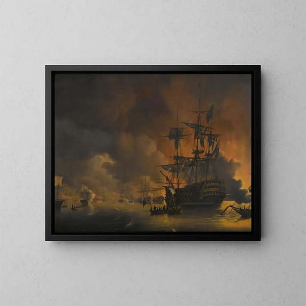 L'incendio sui moli di Algeri poco dopo l'inizio del bombardamento da parte della flotta anglo-olandese, 27 agosto 1816 - Nicolaas Baur — quadro incorniciato alla parete