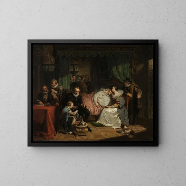 Il principe William I alimentato dalla sua moglie Charlotte di Borbone dopo il tentativo di assassinio ad Anversa nel 1582 - Nicolaas Pieneman — quadro incorniciato alla parete