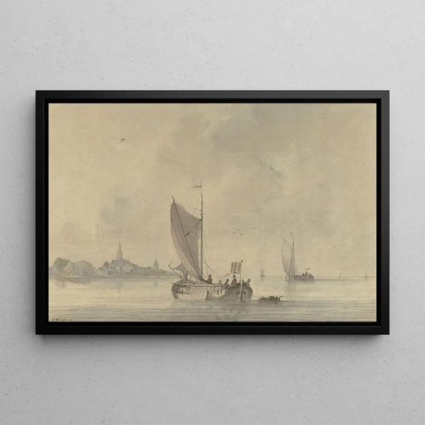 Nicolaas Wicart - Zeilende schuiten op het water voor een Hollands stadje.webp