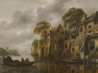 Un paesaggio fluviale con pescatori che caricano le loro reti vicino a una città - Nicolaes Molenaer — vista dell’opera