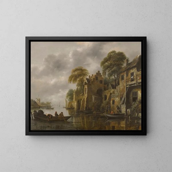 Un paesaggio fluviale con pescatori che caricano le loro reti vicino a una città - Nicolaes Molenaer — quadro incorniciato alla parete