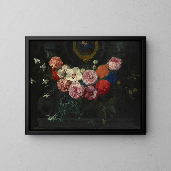 Una ghirlanda di fiori che circonda un cartiglio con la Vergine e il Bambino - Nicolaes van Verendael — quadro incorniciato alla parete