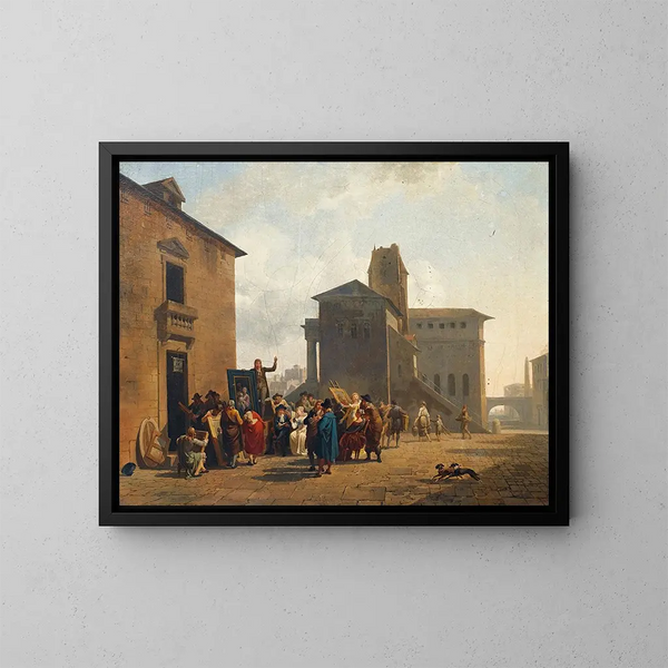 Una vendita all'asta all'aperto in una piazza del villaggio - Nicolas-Antoine Taunay — quadro incorniciato alla parete