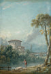 Paesaggio con un pescatore sulla riva di un lago, sullo sfondo un grande colombario - Nicolas Jacques Julliard — vista dell’opera